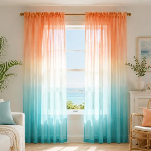 KOUFALL Orange and Turquoise Curtains for Living Room 84 Inches Long Sheer Ombre 70s Retro Curtains for Bedroom 2 Panels,Mint Green and Teal