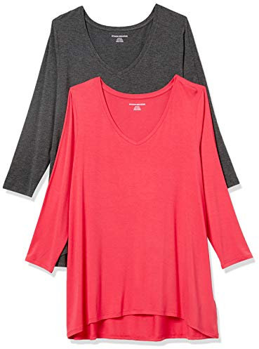 Amazon Essentials Women's 3/4 Sleeve V-Neck Swing T-Shirt (Available in Plus Sizes), Pack of 2, Charcoal Heather/Red, XL