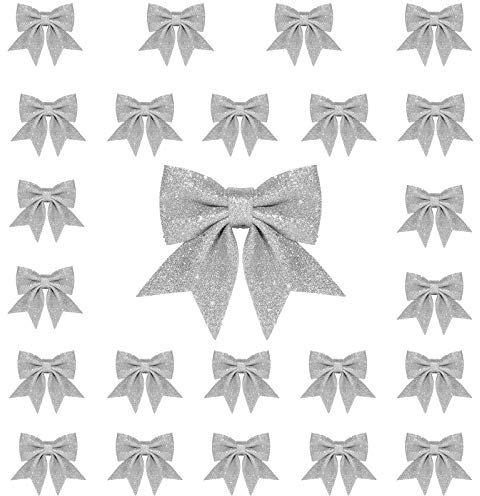 Whaline 24pcs Christmas Bow Decorations, Silver Wreaths Bows, Small Christmas Tree Bow, 5.5 in Sequin Bow Ties, Xmas Decorative Bows Ornaments for Home Christmas Party