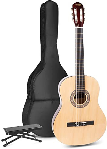 MAX SoloArt akustische Gitarre mit Tasche und Fußstütze, Stimmgerät, Plektrum, Gurt und Zubehör - Spanische Akustik-Gitarre für Anfänger, Konzertgitarre in Holz-Natur