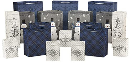 Hallmark Blue and Silver Bulk Christmas Gift Bags Assorted Sizes (18 Gift Bags: 5 Small 5, 4 Medium 8, 4 Large 11, 3 XL 14, 2 Bottle Bags) Snowflake, Tree, Snowman, Plaid