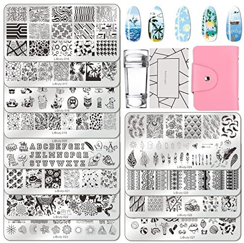 BUDOCI Stamping Kit - 12Pcs Template Set, 2 Stampers, 2 Scrapers, Plate Storage Bag Organizer for Nail Art