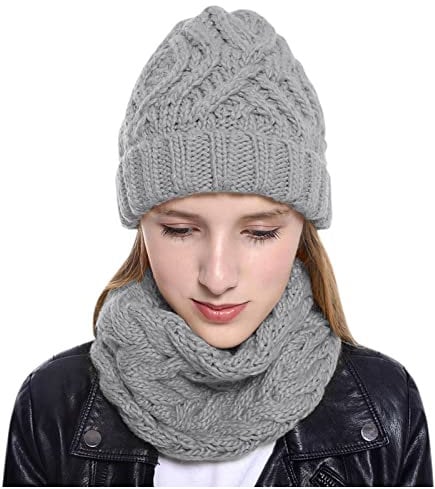 Set aus Mütze und Schal aus Wolle für Damen, Schal aus reiner Wolle, Schal und Wintermütze, 2-teilig, Schal aus Wolle, handgefertigt und Mütze aus Basisfaden, Schal, schlichtes Basic, einfarbig, grau,