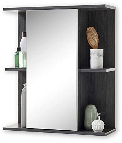 Orlando Spiegelschrank Bad mit LED-Beleuchtung in Weiß Hochglanz, Pinie Grau - Badezimmerspiegel Schrank mit viel Stauraum - 60 x 68 x 20 cm (B/H/T)