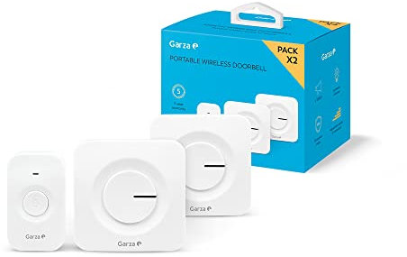 Garza - Sonnette sans Fil Portable, 1 Bouton Poussoir + 2 récepteurs, Grande portée 120 m, 54 mélodies, IP56, avec indicateur LED, Mode Silencieux, 4 intensités sonores, Fonction mémoire, Blanc