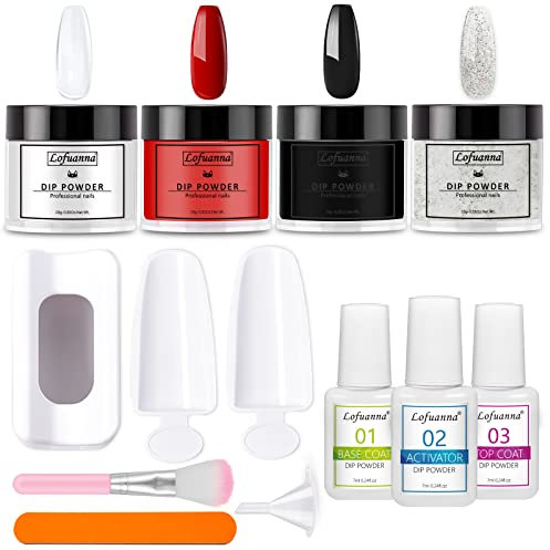 lofuanna ofuanna Dip Pulver Nagel Starter Kit, 4 Colors Clear Black Red Glitter Sliver Dipping Powder mit Base/Top Coat/Activator, Puder System Keine Nagellampe Erforderlich für DIY Maniküre Set