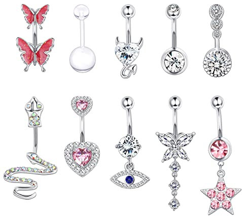 Milacolato 14G Bauchnabel Piercing Ring Belly Bar Kit Chirurgenstahl Edelstahl Dangle Bauchnabelpiercing Schmuck Lange Kette CZ Mondstein Schlange Herz Schmetterling Bauchnabel Pack rosa