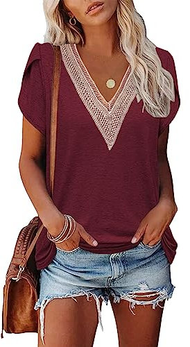 Famulily V Neck Ladies Going Out Top Short Sleeve Blouse, Summer Clothes for Women UK Trendy, Elegant (XL, Burgundy)