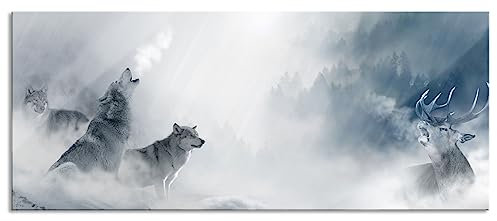 Pixxprint Glasbild Panorama, Wandbild aus Echtglas, Heulende Wölfe jagen Hirsch im Nebel, 100x40 cm, inkl. Aufhängung und Abstandshalter