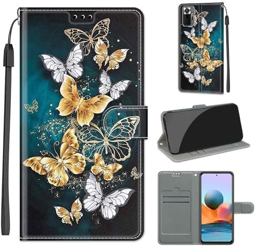Handyhülle für Xiaomi Redmi Note 10 Pro Hülle, Redmi Note 10 Pro Max Hülle, Premium Leder Flip Klappbare Stoßfeste Magnetische [Standfunktion] [Kartenfächern] Schutzhülle Tasche - Schmetterling