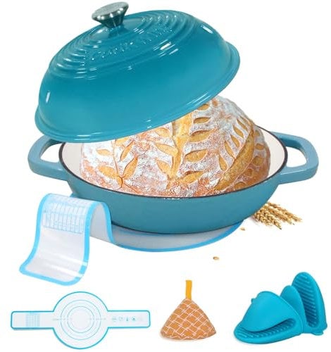 Enameled Cast Iron Dutch Oven with Lid,11 Bread Pan Baking Kit,6 Quart Enamel Bread Pan,Dutch Oven for Sourdough Baking-with Silicone Mat,Teal Thick Enamel Oven Pan-Gifts for Family
