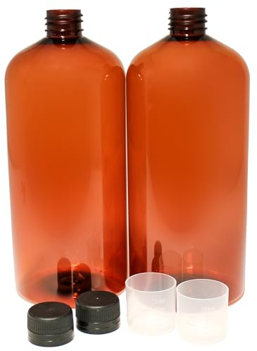 2 x Braune 1 Liter Laborflaschen aus PET mit Rundhals, Weißem Schraubverschluss und 20ml Messbecher | Liquid flasche | pet-flasche| Kunststoffflasche für Kosmetik, Lebensmittel und Flüssigkeiten