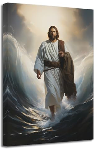 LZIMU Jesus Leinwand Bilder Jesus geht am Strand Bilddrucke Gott Gemälde christliche Kunstwerke spirituelle Kirche Wanddekoration Gerahmt (Bild-3, (30.00 x 45.00 cms))