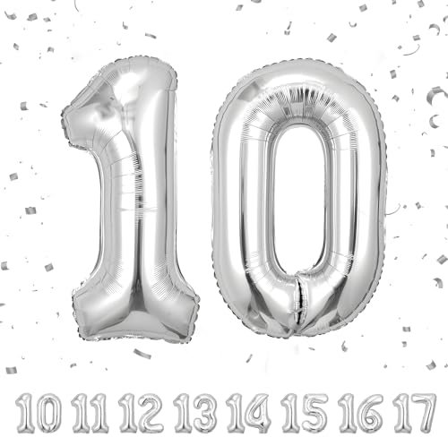 Geburtstag zahlen luftballon 10 jahre | Silber Folienballon 10 XXL -Riesen Folienballon in 40 - 101cm Geburtstagsdeko - Ballon Zahl Deko zum Geburtstag .Fliegt mit Helium