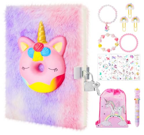 homicozy geheimes Tagebuch für Mädchen, Kinder Squishy Einhorn Notizbuch mit Schloss, flauschiges Notizbuch und stationäre Sätze, abschließbares Journal mit Schlüssel Einhorn Geschenk Set