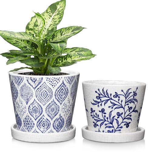 Oairse Set of 2 Blue and White Ceramic Planter 14CM 12CM Ceramic Plant Pots Indoor with Drainage Holes and Saucers Tray Decorative Flower Pots Garden Pot for Succulent Cactus House Plants