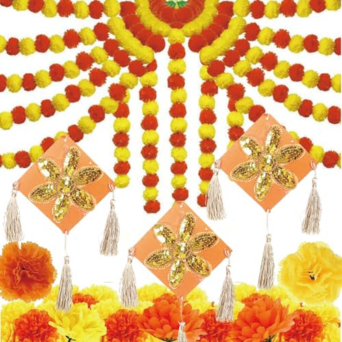 4Stück Künstliche Hellorange Ringelblumen-Girlanden 200cm lang für Diwali Ganpati Ganesh Indien Puja traditionelles Flauschige Blumengirlanden Tür Toran Set,indische Hochzeiten,Unkraut Dekoration