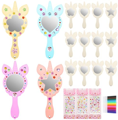 VEGCOO Einhorn Basteln, Prinzessin Spiegel aus Holz Set - 16 DIY Sets Mit 3 Strass Aufkleber, 12 Farbige Stifte für Mädchen-Bastelarbeiten und Geburtstag