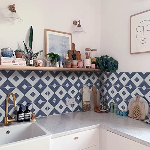50PCS Neukids Dark Blue Tile Stickers Textured Kitchen Peel and Stick, Navy Blue Geometric Pattern Kitchen Bathroom Tile Stickers, Wall Bathroom Toilet Laundry, RV, Fireplace Backsplash