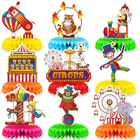 Dmnnlp 9 Stück Karneval Bienenwaben Tischdeko, 3D Clownkopf Zirkus Tier Party, Karneval Tischdeko für Karneval Zirkus Geburtstag Party