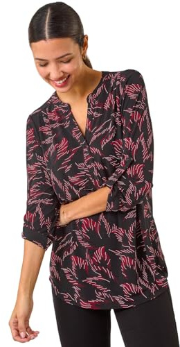 Roman Originals Shirt for Women UK Ladies Top Collarless Blouse Stretchy Tunic Smart Casual Autumn Winter Jersey 3/4 Length Sleeve Notch V Neck Flattering Office Work - Crimson Noir - Size 10