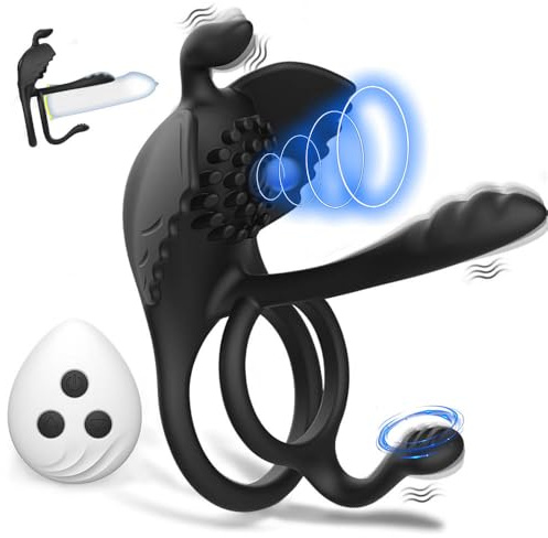 Guspiun 3 IN 1 Penisring Vibrator Sex Spielzeug Silikon Penis Ring Rabbit Vibrator mit 10 Vibrationsmodi Paare Vibrator Dual Penisringe Klitoris Stimulator Erotik Massagegerät für Männer （Schwarz）
