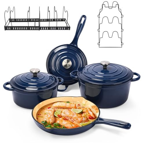 Denmay Enamel Cast Iron Pot Set with Lid, 7-Piece Dutch Oven and Casserole, Non-Stick Coating, for All Stove Types and Induction, Oven Safe, Cookware Set with Organizer, Navy Blue