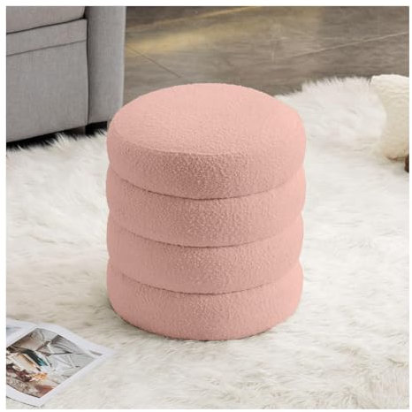 Modern Pink Upholstered Wool Plush Footrest Ottoman Pouf Stool 14x16in Small Space Vanity Chair for Bedroom Entryway Couch Seat