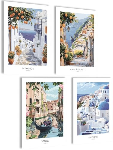 mojoliving Bilder Set Mykonos Santorini Amalfi Venedig Poster Griechenland Wandbilder Italien Aesthetic Poster Retro Wanddeko Wohnzimmer Bilder Badezimmer