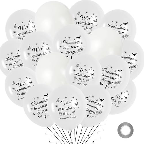 Weiße Trauer Beerdigung Luftballons Set - 12 Zoll Gedenken Latexballons für Abschied Begräbnis und Trauerfeier, Gedenkballons mit Wir vermissen dich In ewiger Liebe Aufdruck