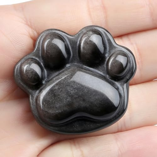 QINJIEJIE Katzenpfote Silber Obsidian Figur | Elegante Katzenpfote aus Silber-Obsidian als Handschmeichler, Kawaii Deko und Geschenk für Katzenliebhaber.