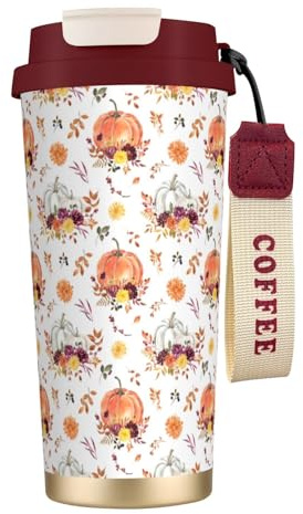 LfearTesa 316 Stainless Steel Eco-Friendly Travel Office Mug Wall Travel Car Cup Coffee Cup with Lanyard, Autumn Pumpkin Print,Red