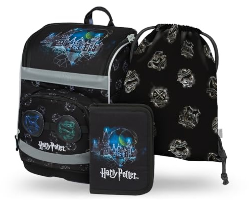 Baagl Schulranzen Jungen Mädchen Set 3 Teilig (Zippy Schultasche für 1. Klasse, Mäppchen, Turnbeutel), Grundschule Ranzen mit Brustgurt, Hüftgurt, Ergonomischer Schulrucksack, 21 l (Harry Potter)