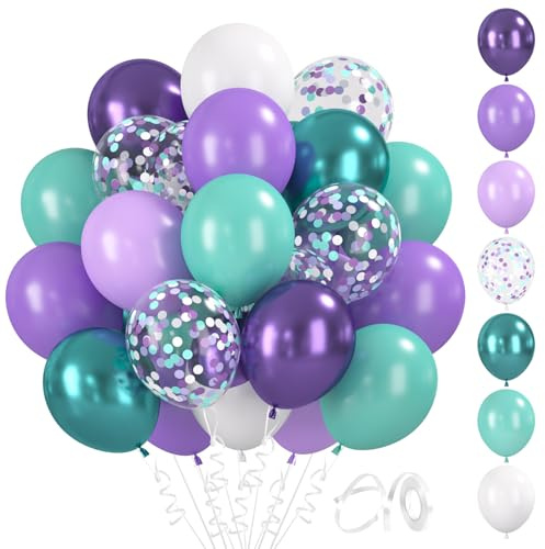 BlooMoo 60 Stück Luftballons Lila Türkis, 12 Zoll Latex Luftballons Blau Lila, Metallic Ballons und Konfetti Ballons Set, für Meerjungfrau Geburtstag Hochzeit Party Dekoration