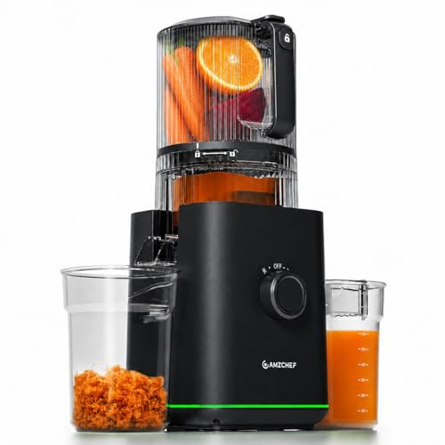 AMZCHEF Entsafter mit 140MM Einfüllöffnung für ganze Früchte und Gemüse | 2,5L Slow Juicer, Hohe Saftausbeute, Leise, einfache Reinigung, Hochglanz Schwarz