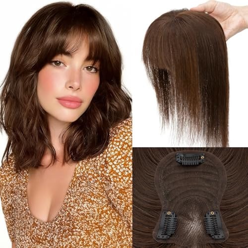 Elailite Haartopper Echthaar Clip in Haarteil Dunkelbraun, 35cm Real Human Haar Topper Damen mit dünnem Pony Haarteile (Silk Lace 8x11.5cm) 40g #2