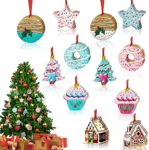 ECZOIL 24 Sets Gingerbread House Peppermint Candy Cookies Donut Cupcake Wooden Ornaments with Red Ribbons and Hemp Rope Two Types of Lines Rustic Christmas House