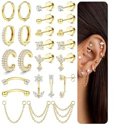 Chriscoco 21Pcs Ohrringe Set für Damen Vergoldet 14K Helix Piercings Chirurgenstahl Klein Creolen Ohrringe mit Kette Flatback Medizinische Ohrstecker Knorpel Conch Tragus Piercing Ohr Schmuck