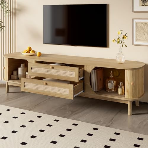 VIVCA Mobile TV – Mobile TV in misto legno naturale con ante e cassetti, supporto per TV con lati in rattan, soluzione di stoccaggio, stile rustico naturale