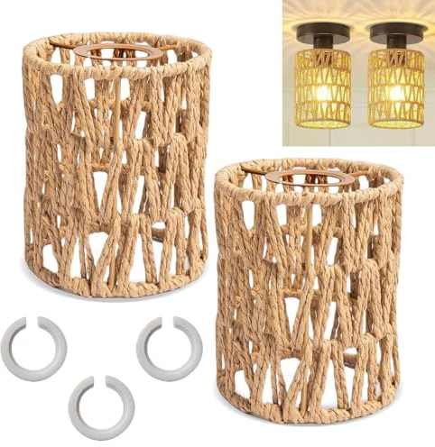 Lampenschirm Boho, 2 Stück Rattan Lampenschirm, E27 Hängelampe mit Adapterring, Rattan Hängelampe Korbgeflecht, für Stehlampe, Tischlampe, Pendelleuchten, Deckenlampe (Braun)