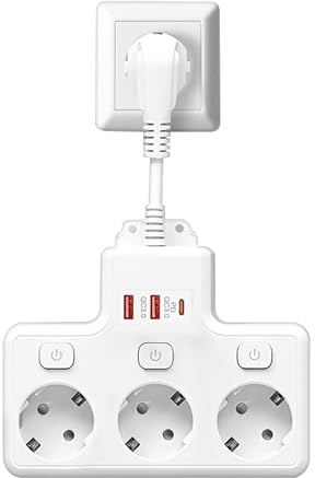 Ladron Enchufes con Interruptor Independientes,Multiple Enchufes USB C con 3 Tomas Adaptador,Regletas Enchufe Pared con 3 Carga Rápida USB PD20W,Cable 0,1m,Blanco