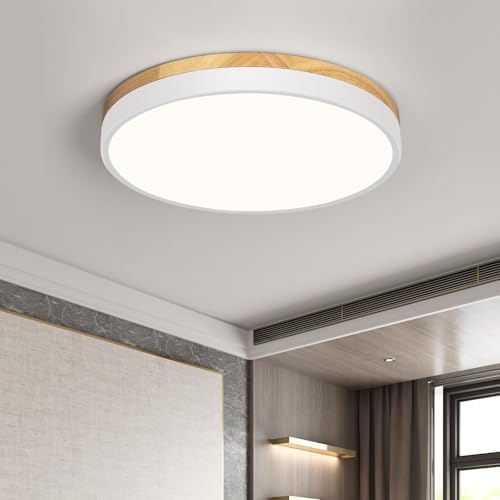 Qamra Deckenlampe, LED Deckenleuchte Holz 30cm, Weiß, 24W