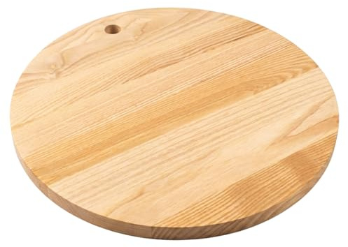 INNOVAHOME Pizzabrett 35 cm Rund Holz Servierbrett Esche Massiv | 35 cm Durchmesser, massives Eschenholz, lebensmittelecht geölt, antibakteriell, Serviergriff