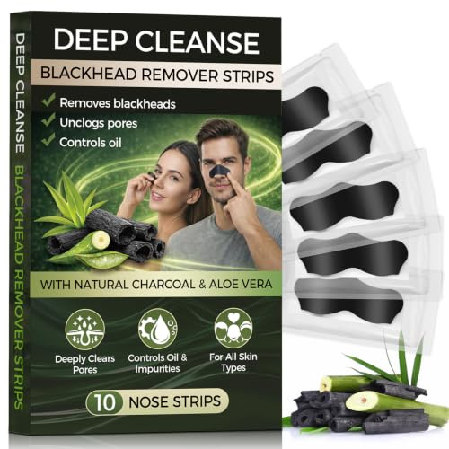 Blackhead Remover Strips, 10 PCS Charcoal Pore Strips, Nose Strips Blackhead Remover, Blackhead Strips for Deep Cleansing, Keep Skin Clear and Tighten Pores, for All Skin Types, Individually Wrapped