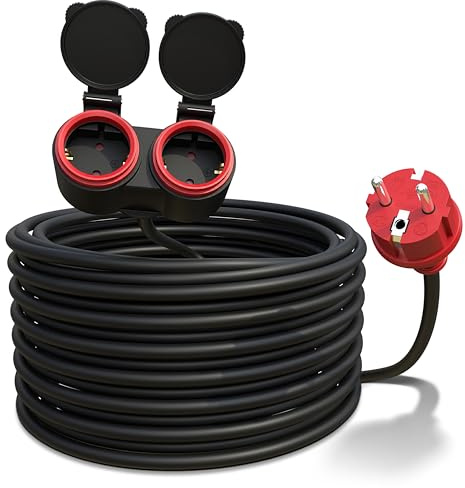 Poppstar Verlängerungskabel Outdoor 15m (Schuko Doppelsteckdose 2-Fach, IP44, 16A/3680W, H05RR-F 3G1.5), schwarz/rot