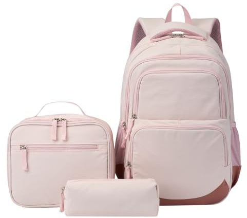 SIVENKE Sac à dos d'école pour filles, adolescentes, femmes, sac d'école, sac à dos pour filles, école, loisirs, avec sac à déjeuner, sac et trousse, rose clair, 29x16x43 cm, Ensemble cartable