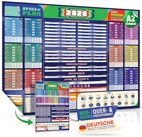 Premium World Cup Game Plan 2026 Poster - A2 World Cup Planner 2026 - 2-in-1 Double-Sided for Wall or Door - All 104 Games, German Kick-off Times, Stadiums, World Rankings and More (84 x 60 cm, Folded