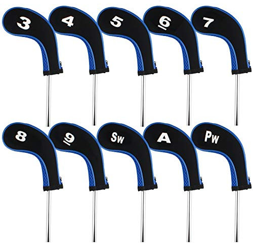 Andux 10pcs/set Number Print Golf Iron Club Head Covers with Zipper Long Neck Black/blue