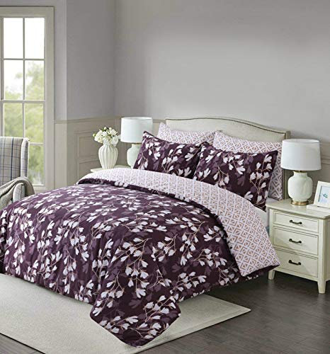 Divine Textiles Easy Care 3 Pcs Reversible Pattern Printed Duvet Cover Set With 2 Pillow Cases, Super King 260 x 220 - Spring Purple