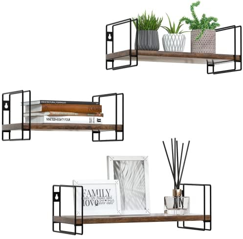J JACKCUBE DESIGN Hängeregal aus verbranntem Holz, 3 Stück, Wandmontage, mit schwarzem Drahtrahmen für Schlafzimmer, Wohnzimmer, Küche, Bad und Büro – MK696B